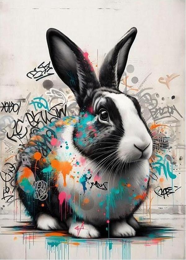 Grafiti Tavşan Çizimi Modern Ahşap Tablo - Image 1