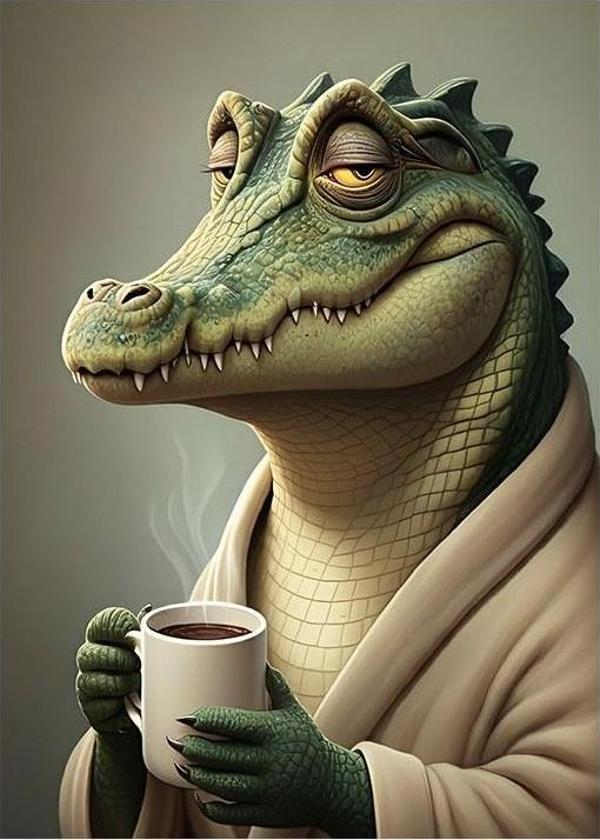 Çay İçen Timsah Art Mdf Poster - Image 1