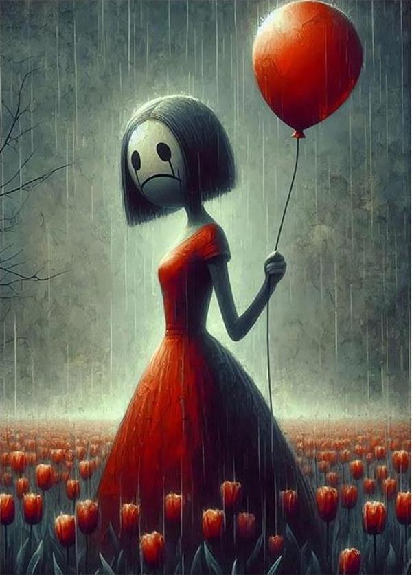 Kırmızı Elbiseli Balon Tutan Üzgün F Modern Mdf Tablo - Image 1