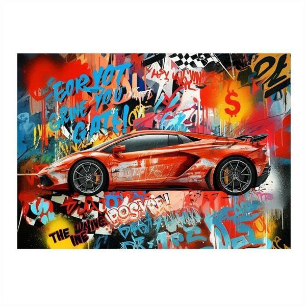 Grafitili Kırmızı Spor Araba Modern Ahşap Tablo 35cm X50cm - Image 1