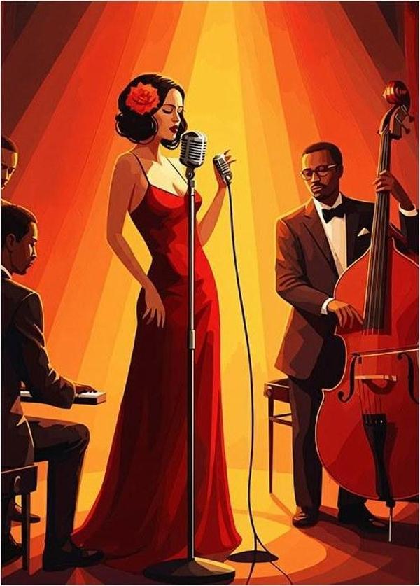 Kırmızı Elbiseli Şarkıcı Ve Orkestra Model Mdf tablo - Image 1