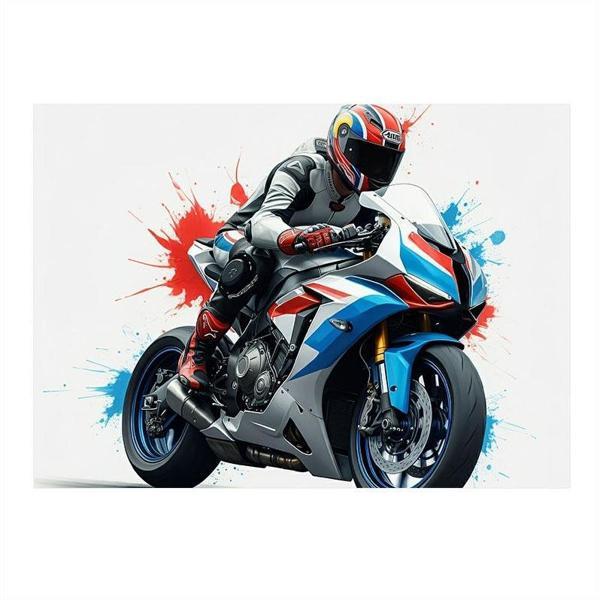 Mavi Yarış Motosikleti Aksiyonu Model Ahşap Tablo 25cmX 35cm - Image 1