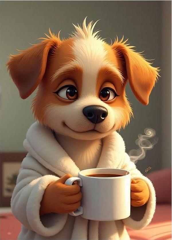 Pijama Giyen Kahve İçen Yavru Köpek Modern Ahşap Tablo - Image 1