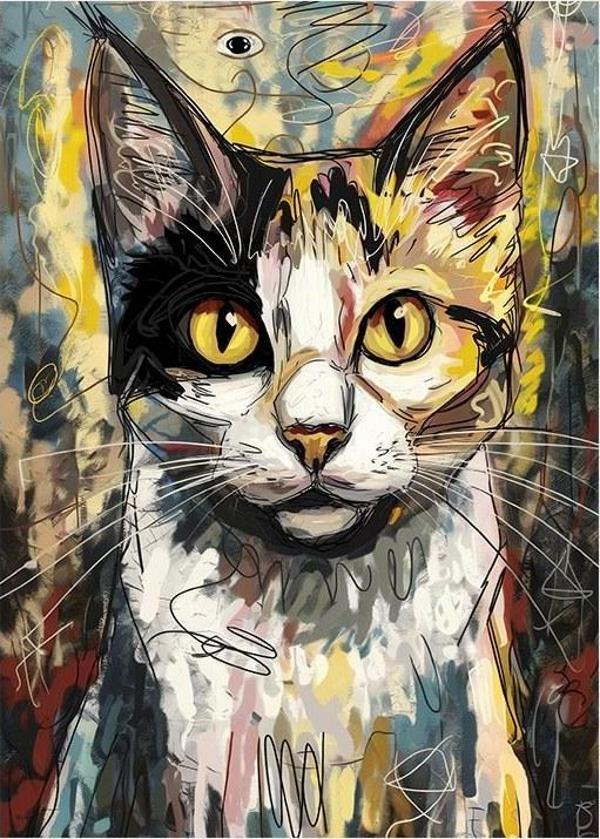 Sert Bakışlı Kedi Portresi Dekoratif Mdf Tablo - Image 1