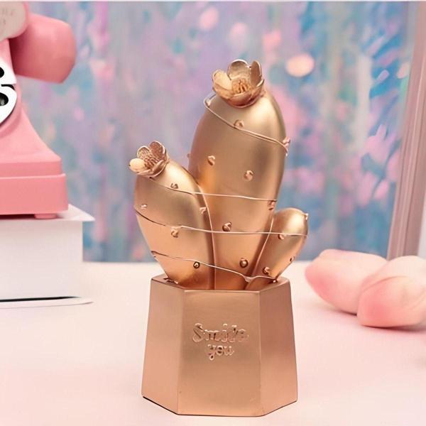 Mbb E-Ticaret Led Işıklı Sevimli Kaktüs Dekoratif Masa Lambası Mini Biblo Gece Lambası Gold - Image 1