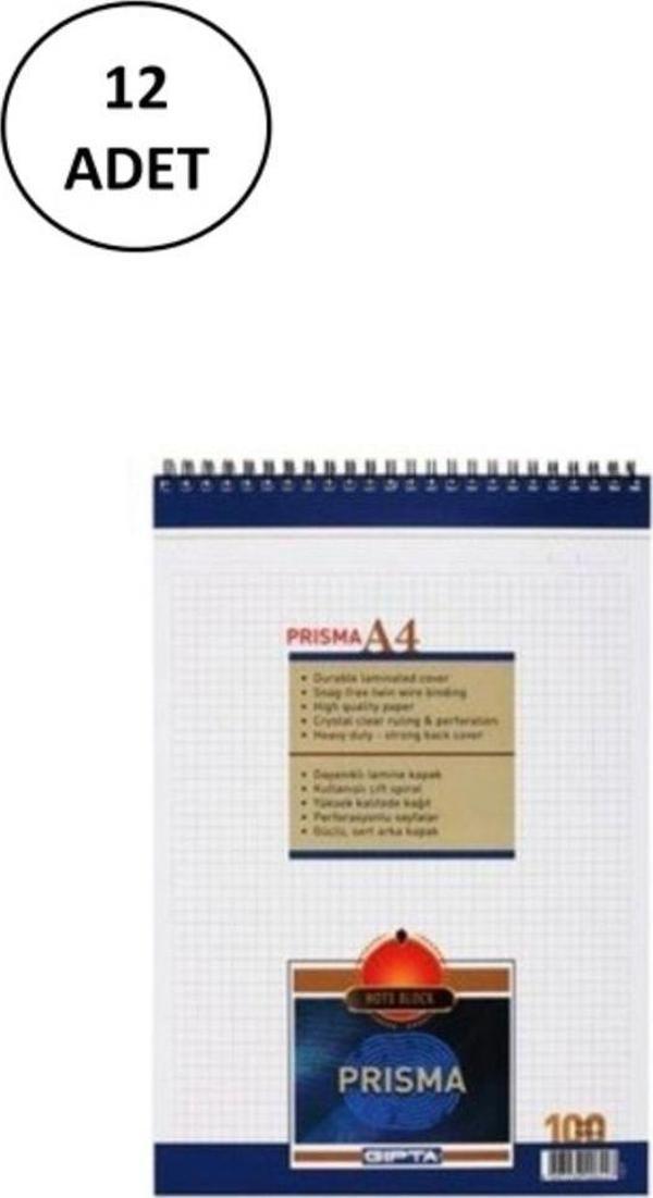 Mbb E-Ticaret Gıpta Prisma Bloknot A-4 Spiralli Karton Kapak 100 Yaprak Kareli 12 Adet - Image 1
