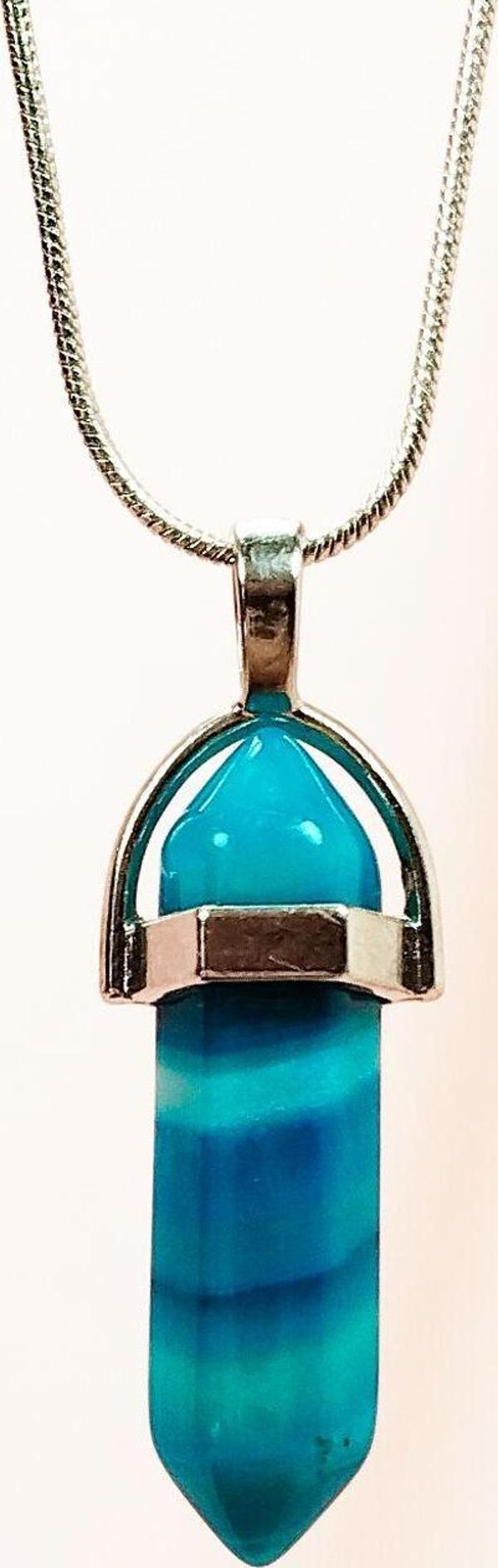 Mbb E-Ticaret Mavi Akik Doğal Taşı Zincirli El Yapımı Tasarımlı Kolye Uç: 3,5 Cm Zincir: 20 Cm Kutulu - Image 1