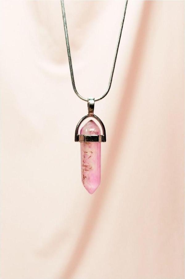 Mbb E-Ticaret Pembe Kuvars Doğal Taşı Zincirli El Yapımı  Kolye Uç: 3,5 Cm Zincir: 20 Cm Kutulu - Image 1