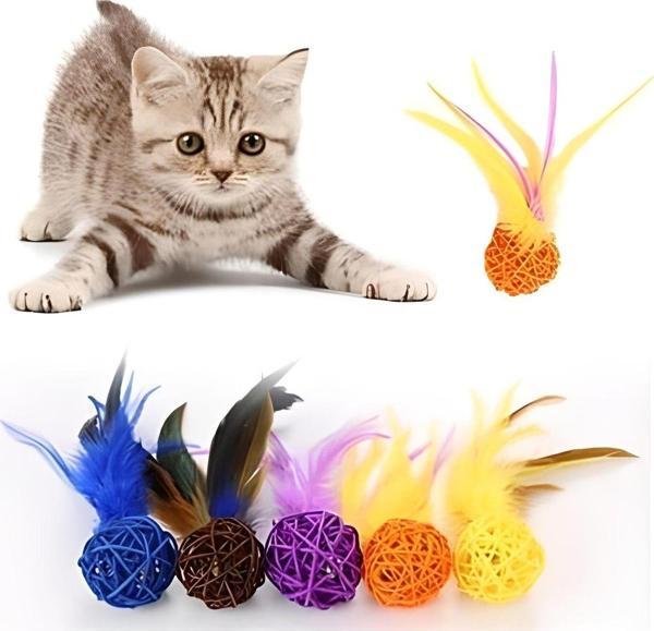 Mbb E-Ticaret 2Li Rattan Renkli Peluş Tüy Kedi Köpek Oyuncak Yakalama Çiğneme Çıngıraklı Top Oyuncağı - Image 1