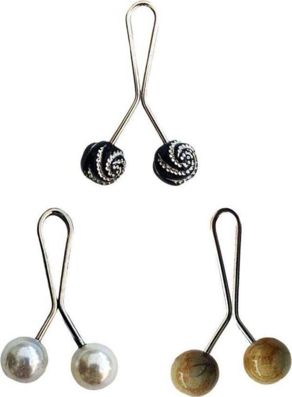 Mbb E-Ticaret 3 Adet Tesettür Eşarp Ve Şal Klipsi Inci Beyaz Hardal Siyah Desenli - Image 1