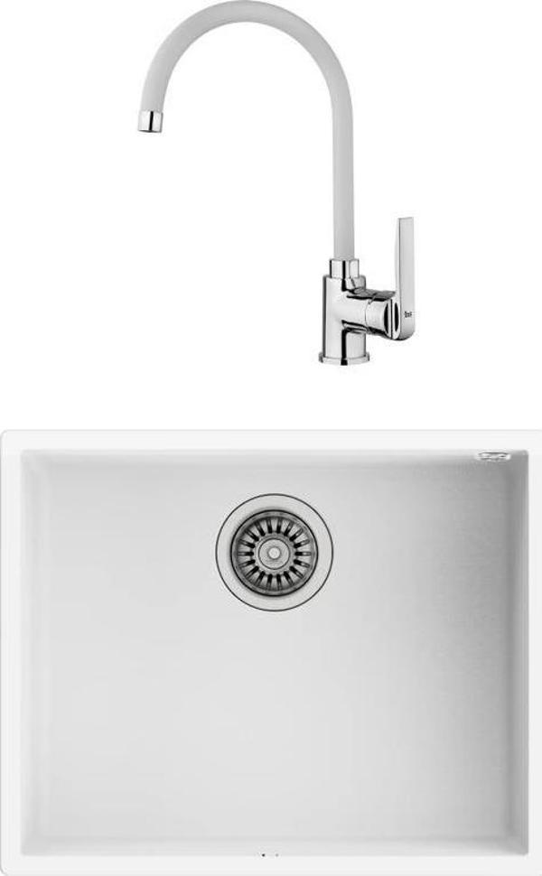 SQUARE 50.40 TG Tezgahaltı Granit Eviye, IN 995 FW Kuğu Mutfak Bataryası Beyaz Set - Image 1