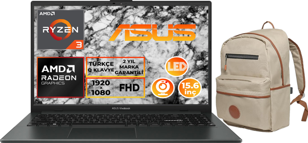 ASUS Vivobook Go 15 Ryzen 3 7320U 8GB 512GB SSD 15.6" FHD W11P Laptop + Çanta E1504FA-NJ097 011 - Image 1