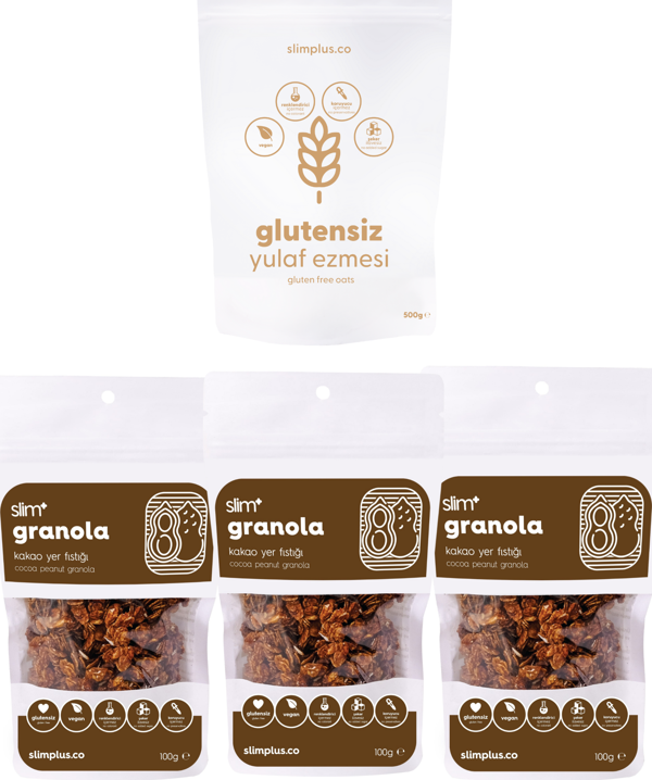 3 Paket Kakao Yer Fıstığı Glutensiz İlave Şekersiz Vegan 100G Granola ve 500G Yulaf Ezmesi Paketi - Image 1