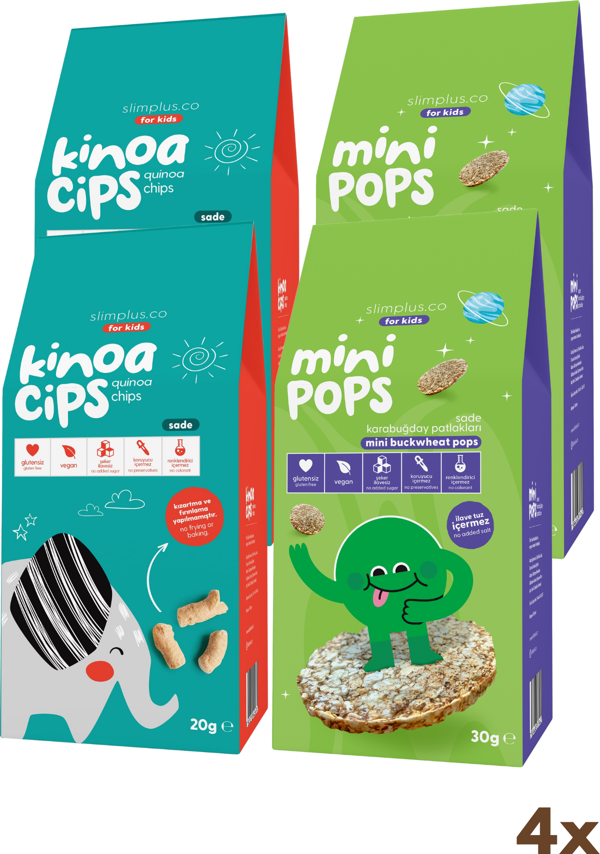 4 Paket 20G Sade Kinoa Cipsi for Kids Tatlı Fil ve 30G Mini Pops Karabuğday Patlakları - Image 1