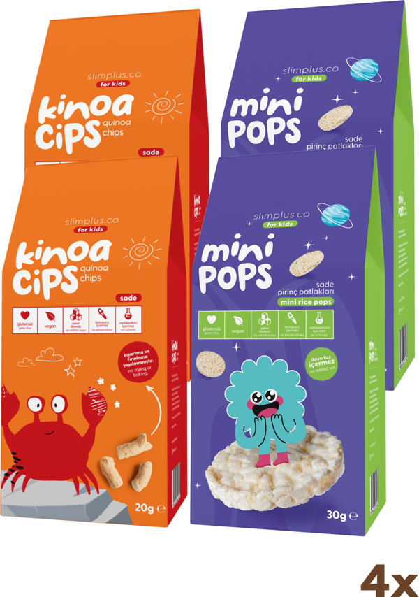 4\'lü Paket 20G Sade Kinoa Cipsi for Kids Neşeli Yengeç ve 30G Mini Pops Pirinç Patlakları - Image 1