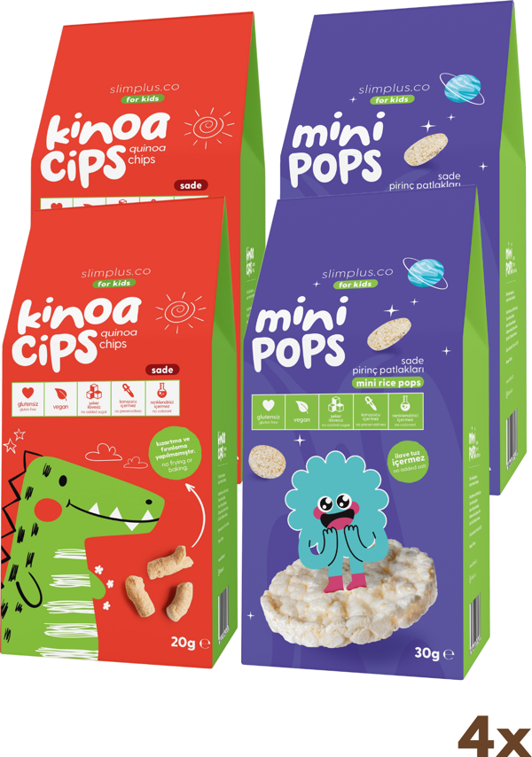 4\'lü Paket 20G Sade Kinoa Cipsi for Kids Sevimli Dinozor ve 30G Mini Pops Pirinç Patlakları - Image 1