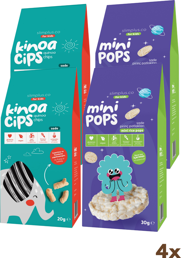 4\'lü Paket 20G Sade Kinoa Cipsi for Kids Tatlı Fil ve 30G Mini Pops Pirinç Patlakları - Image 1