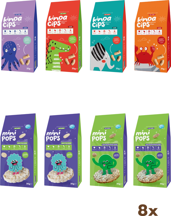 4\'lü Paket Sade Kinoa Cips ve 4\'lü Paket Mini Pops Pirinç ve Karabuğday Patlakları Çocuklara Özel Mix Paket - Image 1