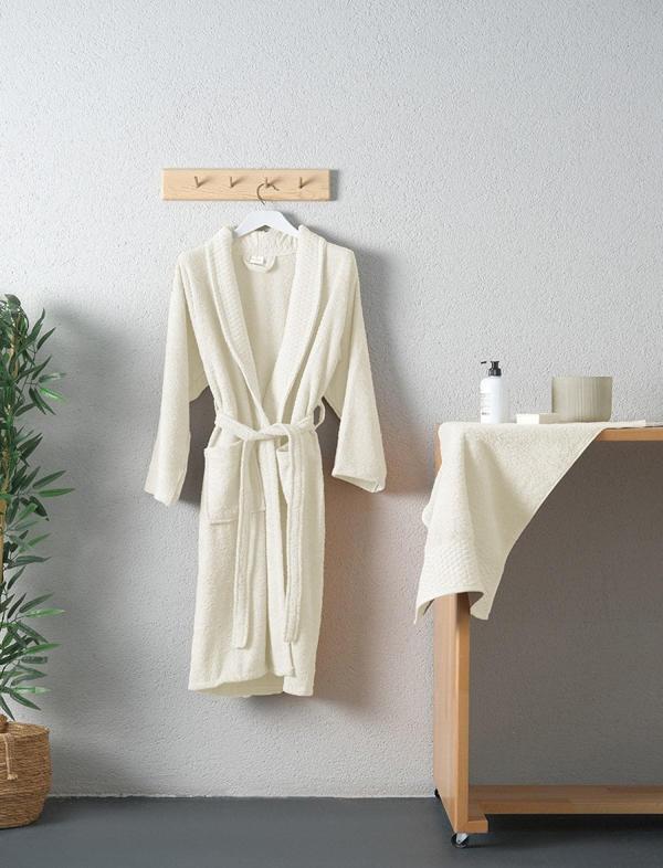 Tuwa Unisex Pamuklu XL Beden Tekli Bornoz Seti  - Ekru - Image 1