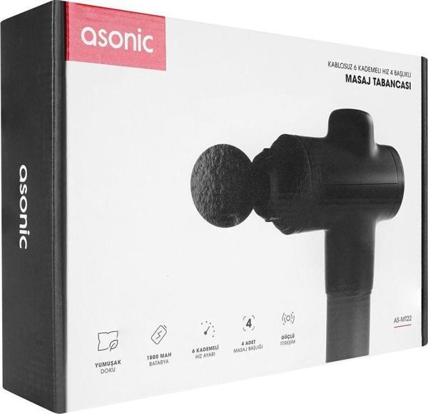 Asonic As-Mt22 Siyah-Gri 1800Mah Kablosuz 6 Kademeli Hız 4 Başlıklı Masaj Tabancası - Image 1