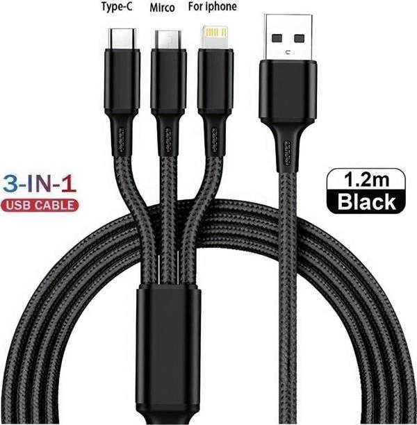 Tmax 3İn1 Hasir Örgü Kali̇Teli̇ Usb 1.2Cm Şarj Kablosu --3.4A - Image 1