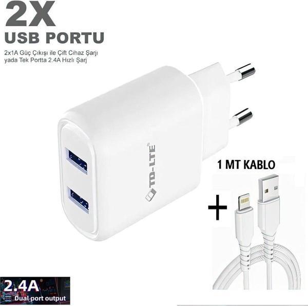 Tmax 5V 2.4A Çift Usb Çıkışlı Şarj Cihazı + 1Mt Lightning Kablo. Uyumlu - Image 1