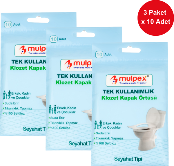 Mulpex Tek Kullanımlık Suda Çözünür Klozet Kapak Örtüsü - 3 x 10 lu Paket | Hijyenik ve Pratik Seyahat Aksesuarı - Image 1