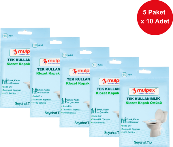 Mulpex Tek Kullanımlık Suda Çözünür Klozet Kapak Örtüsü - 5 x 10 lu Paket | Hijyenik ve Pratik Seyahat Aksesuarı - Image 1