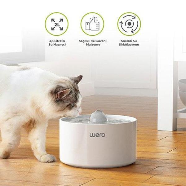 Wero Seramik Otomatik Kedi Köpek Su Şelalesi Su Pınarı Beyaz 2 Lt - Image 1