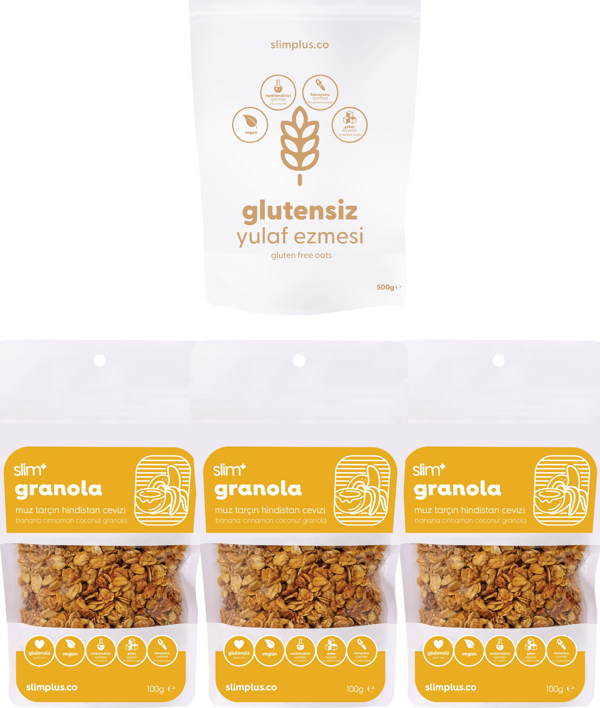 3 Paket Muz Tarçın Hindistan Cevizi Glutensiz İlave Şekersiz Vegan 100G Granola ve 500G Yulaf Ezmesi Paketi - Image 1