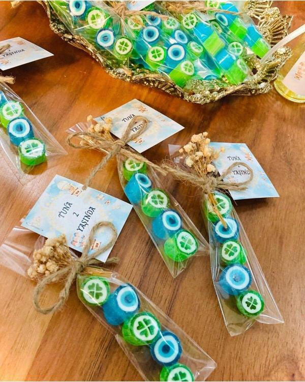 Şekerci Yaşar Mavi - Yeşil Desenli Düğün, Babayshower, Doğum Günü, Mevlit, Nikah, Nişan Şekeri 100 Adet - Image 1