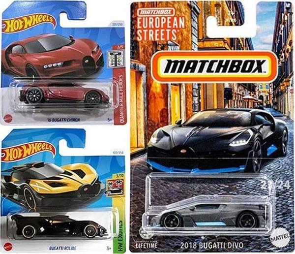 3 Araç Bugatti Set - Hot Wheels Bugatti Bolide Sarı & Bugatti Chiron & Matchbox Bugatti Divo (1/64) - Image 1