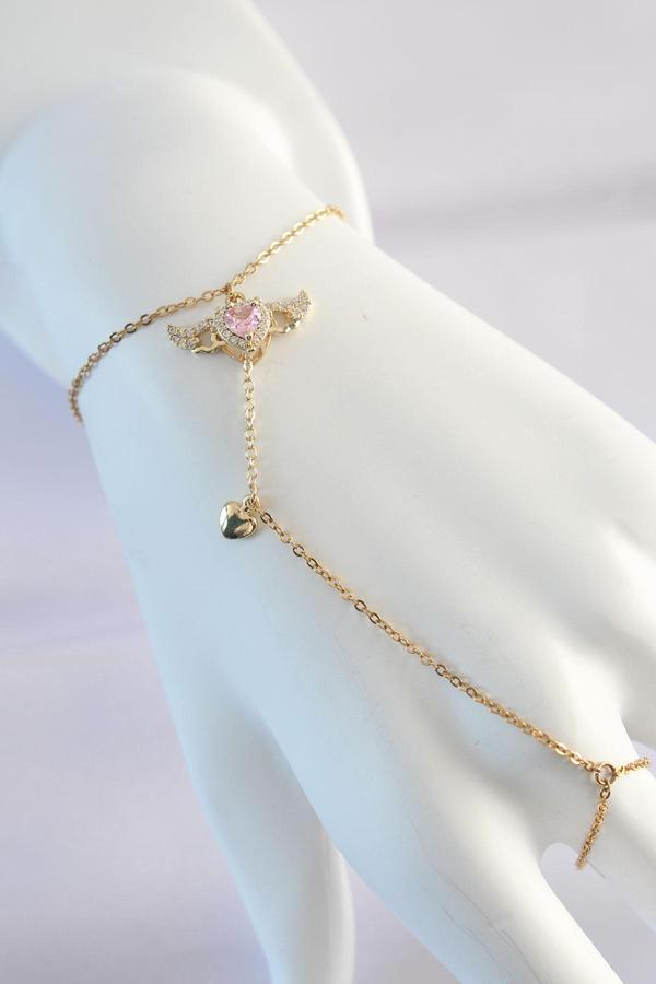 316L Çelik Gold Renk Pembe Zirkon Taşlı Kanatlı Kalp Model Şahmeran - TJ-SN585 - Image 1