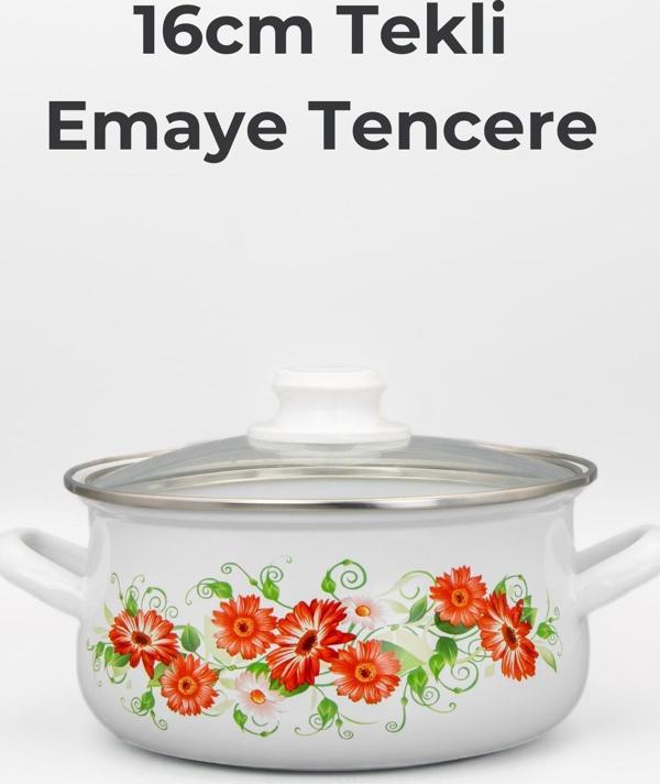 Bonera 16cm Çiçek Desenli Tekli Cam Kapaklı Emaye Güveç Tencere - Image 1