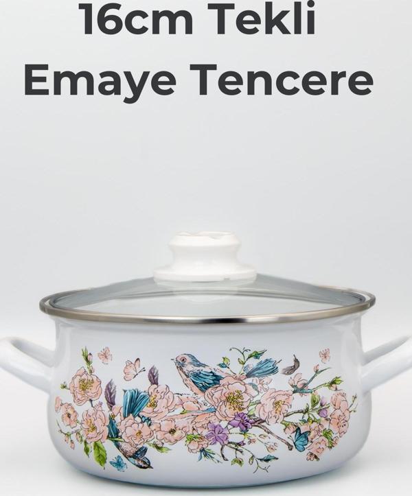 Bonera 16cm Kuş Desenli Tekli Cam Kapaklı Emaye Güveç Tencere - Image 1