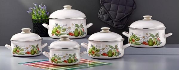 Bonera Emaye 10 Parça Krem Set Emaye Kapaklı  - Avokado Dekorlu - Image 1
