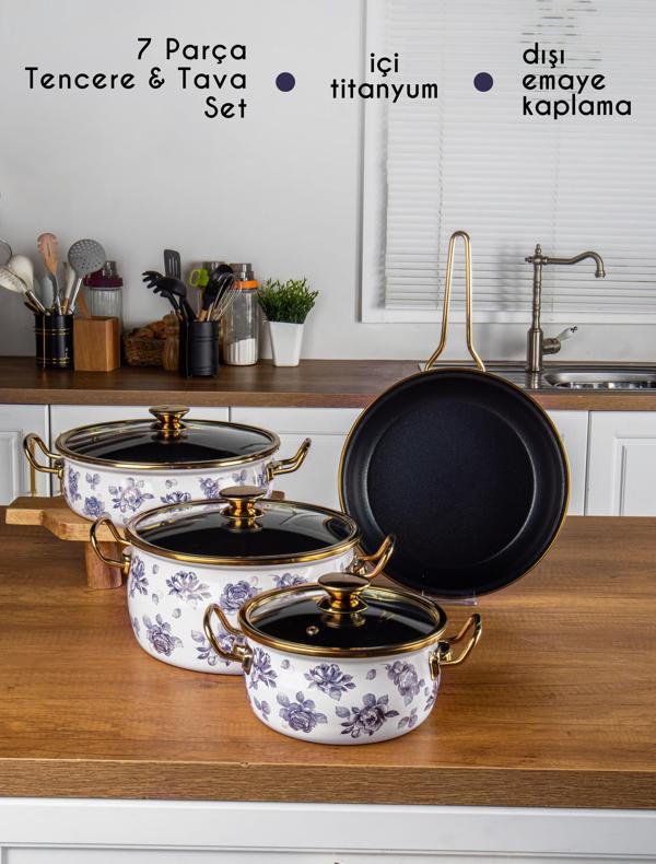 Bonera Lilium 7 Parça Mavi Gül Desenli Emaye Tencere & Tava Seti - Image 1