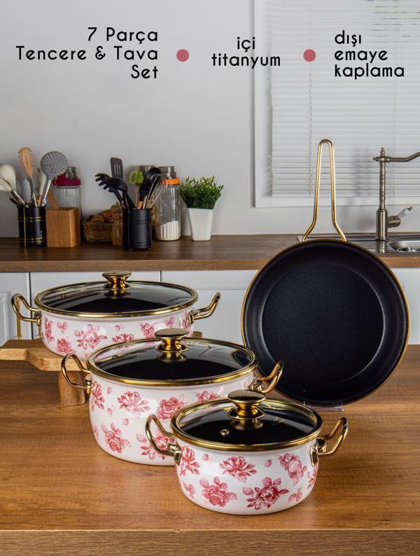 Bonera Lilium 7 Parça Pembe Gül Desenli Emaye Tencere & Tava Seti - Image 1