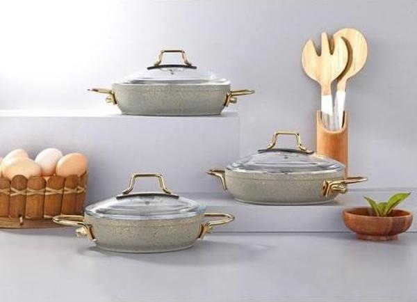 Bonera Marbella Nardo Gri Gold Kulp Detaylı 6 Parça Kapaklı Granit Sahan Seti - Image 1