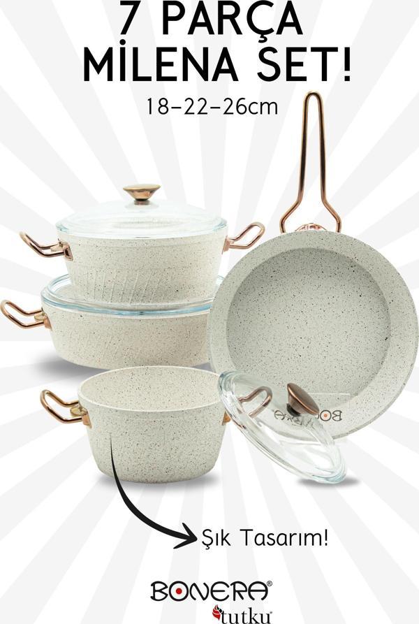 Bonera Milena 7 Parça Kar Beyazı Granit Tencere & Tava Seti - Image 1