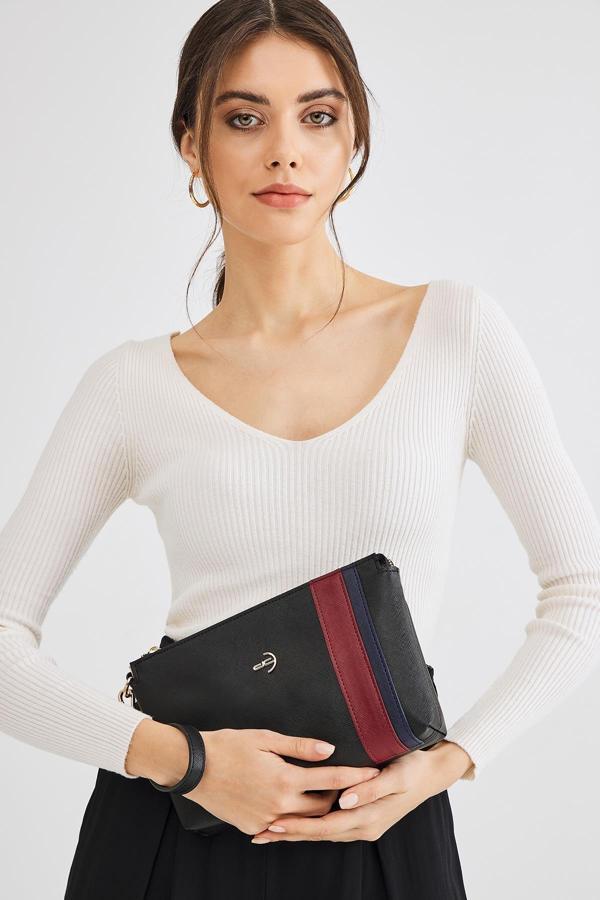 Kadın Basic Clutch Çanta Düz Desenli Şeritli Logolu Siyah Bordo (4006S-BL) 214012 - Image 1