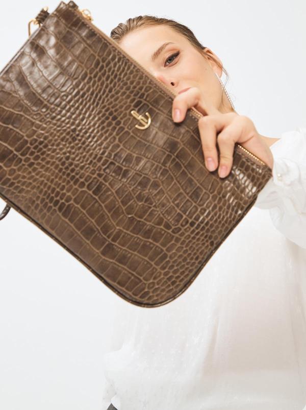 Kadın Basic Clutch Çanta Kroko Timsah Desen Eskitme Vizon 214002 - Image 1
