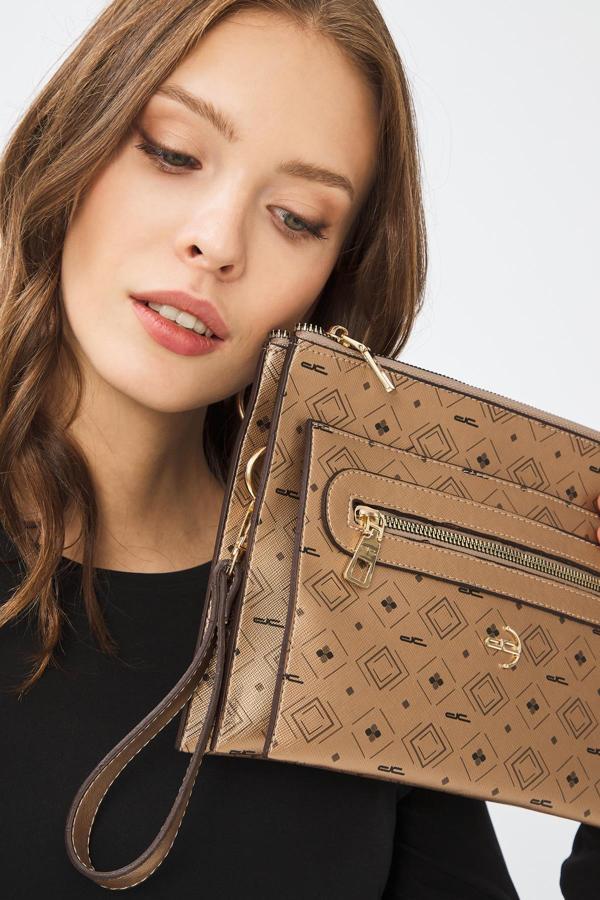 Kadın Basic Clutch Çanta Monogram Desen Altın Siyah (4034A) 214031 - Image 1