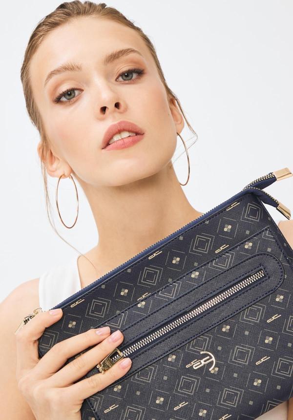 Kadın Basic Clutch Çanta Monogram Desen Lacivert Bej (4034L) 214031 - Image 1