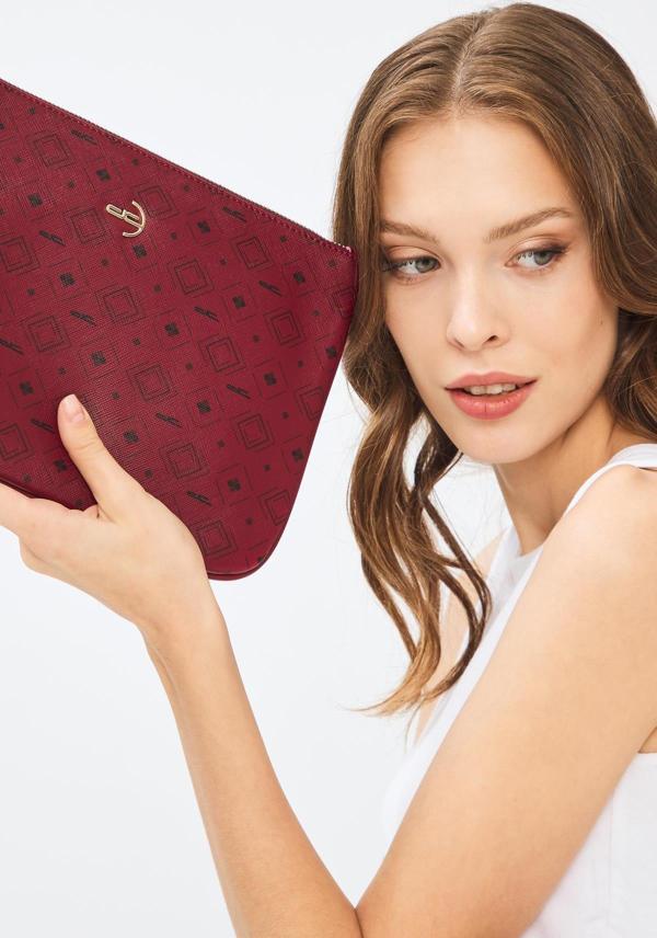 Kadın Basic Clutch Çanta Monogram Desenli Bordo 214002 - Image 1
