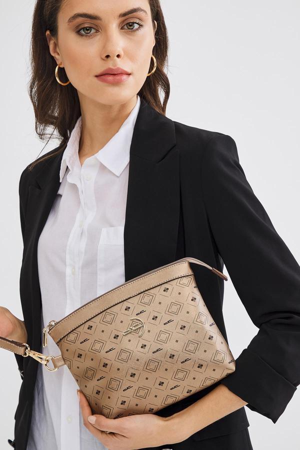 Kadın Basic Clutch Çanta Monogram Desenli Logolu Altın Siyah (4010A) 214009 - Image 1