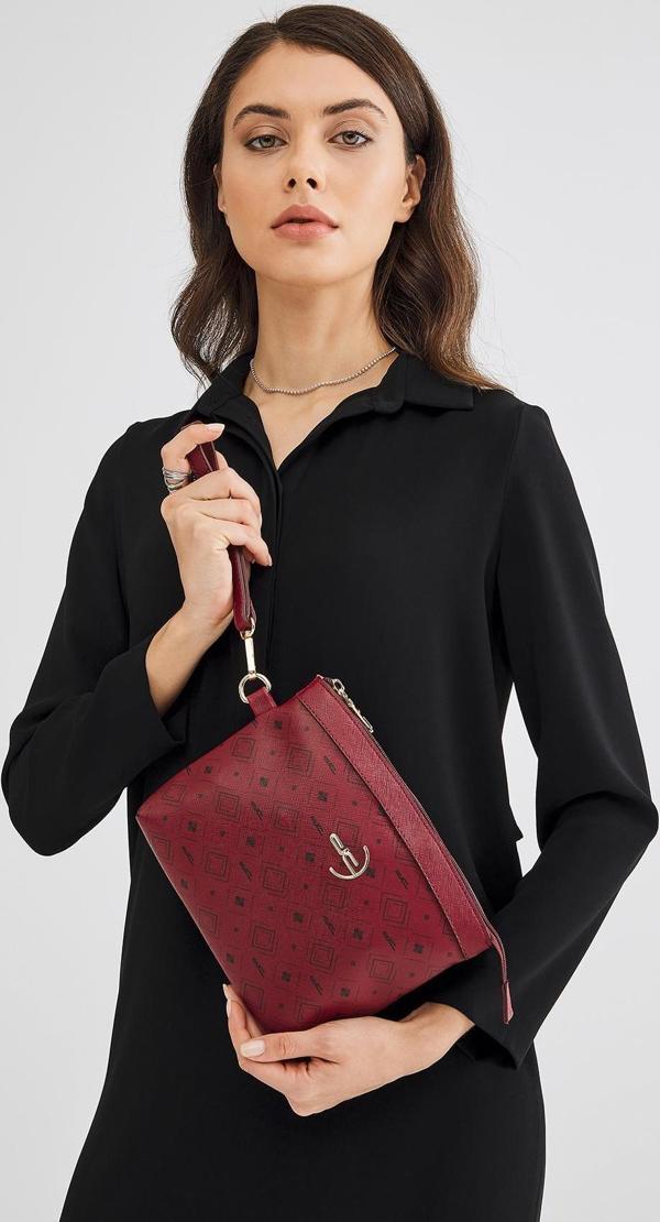 Kadın Basic Clutch Çanta Monogram Desenli Logolu Bordo Siyah (4010B) 214009 - Image 1