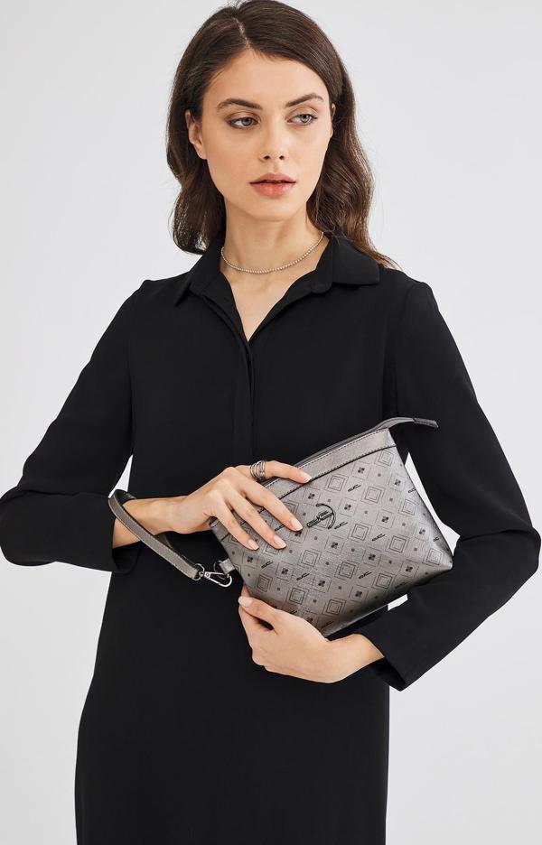 Kadın Basic Clutch Çanta Monogram Desenli Logolu Gümüş Siyah (4010G) 214009 - Image 1