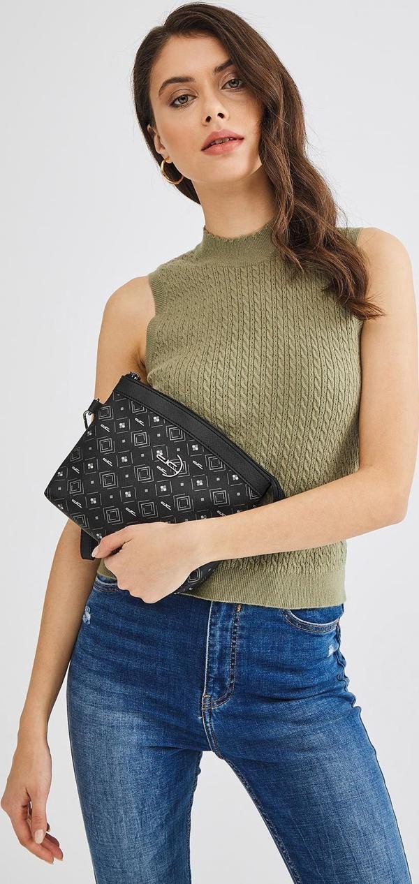 Kadın Basic Clutch Çanta Monogram Desenli Logolu Siyah Gri (4010SG) 214009 - Image 1