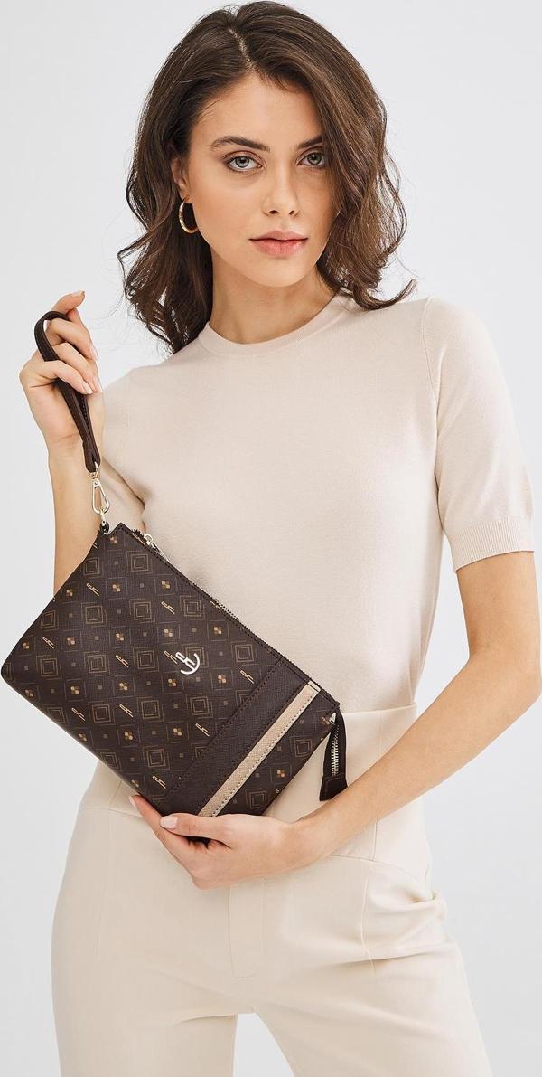 Kadın Basic Clutch Çanta Monogram Desenli Şeritli Kahverengi Taba (4006K) 214012 - Image 1